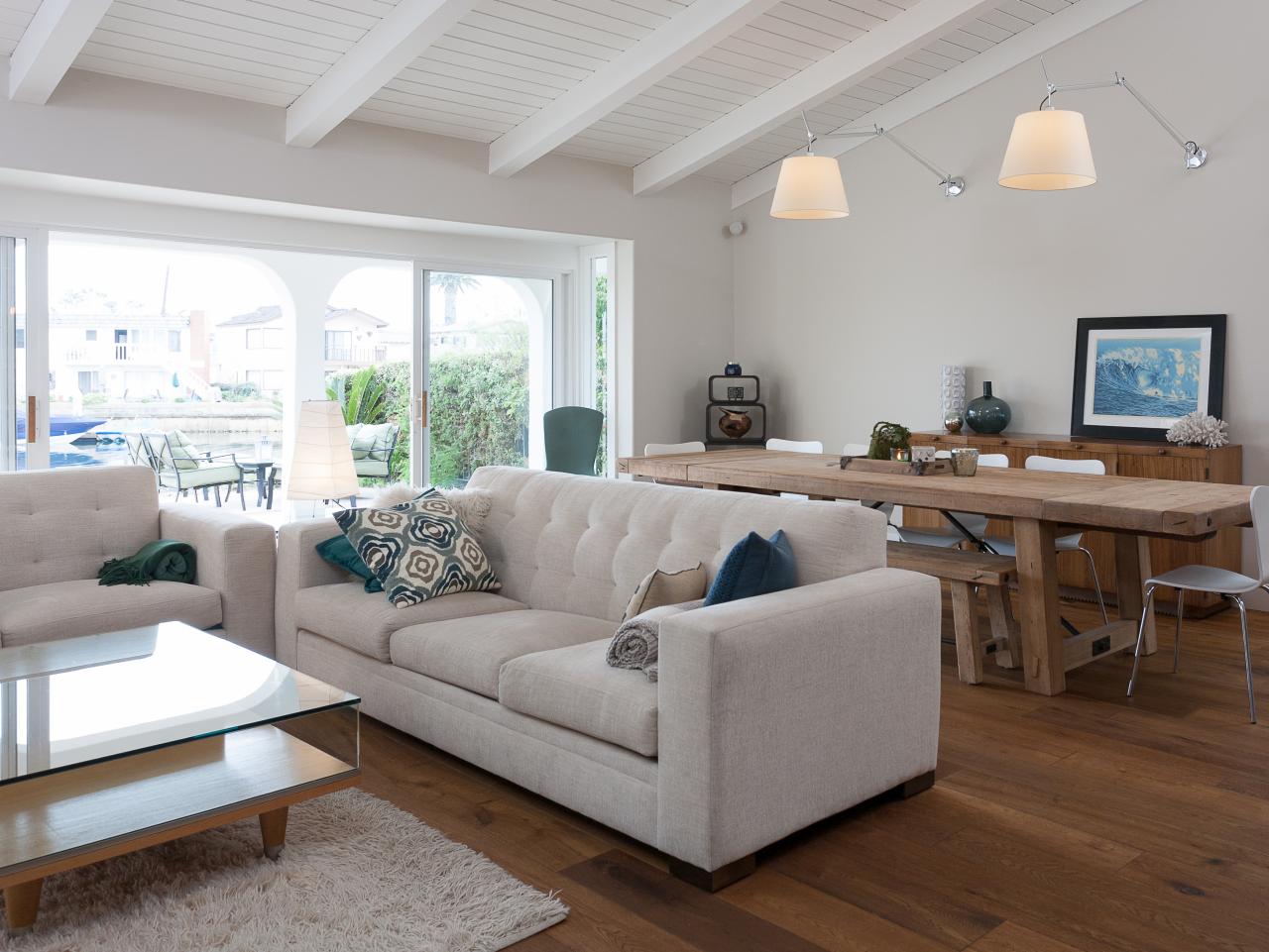 White Transitional Great Room With Sloped Ceiling